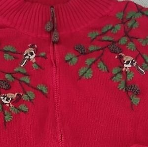 Coldwater Creek Red Sweater with Embroidered Birds